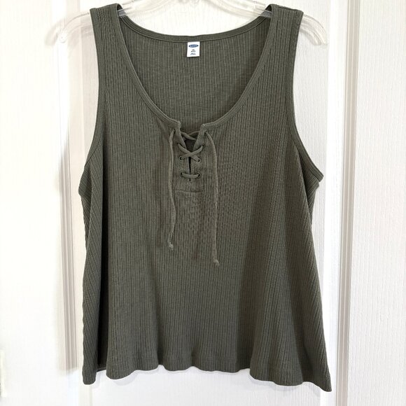 Old Navy Lace Up Rib Knit Swing Tank Top Sleeveless Olive Green Size XXL Petite - Picture 2 of 5